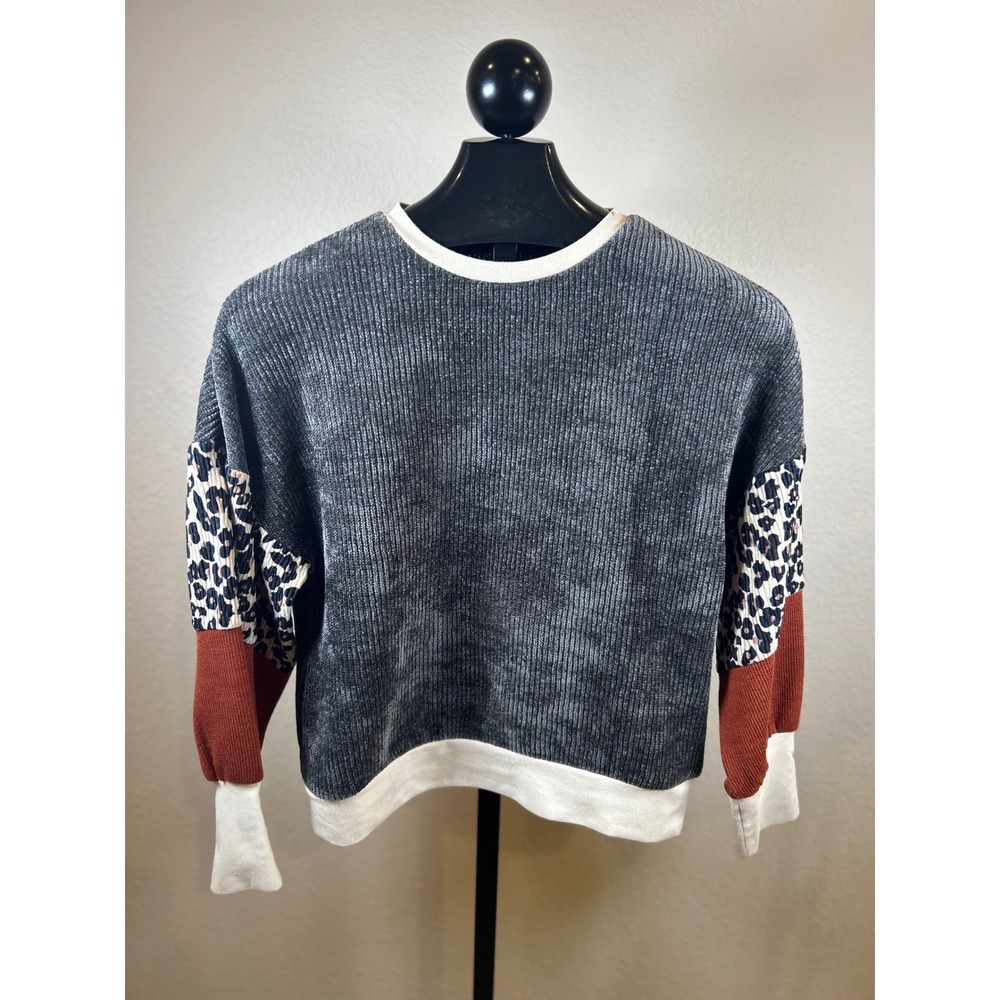 THML Womens Ribbed Mixed Media Leopard Colorblock Top Grey Rust White Small